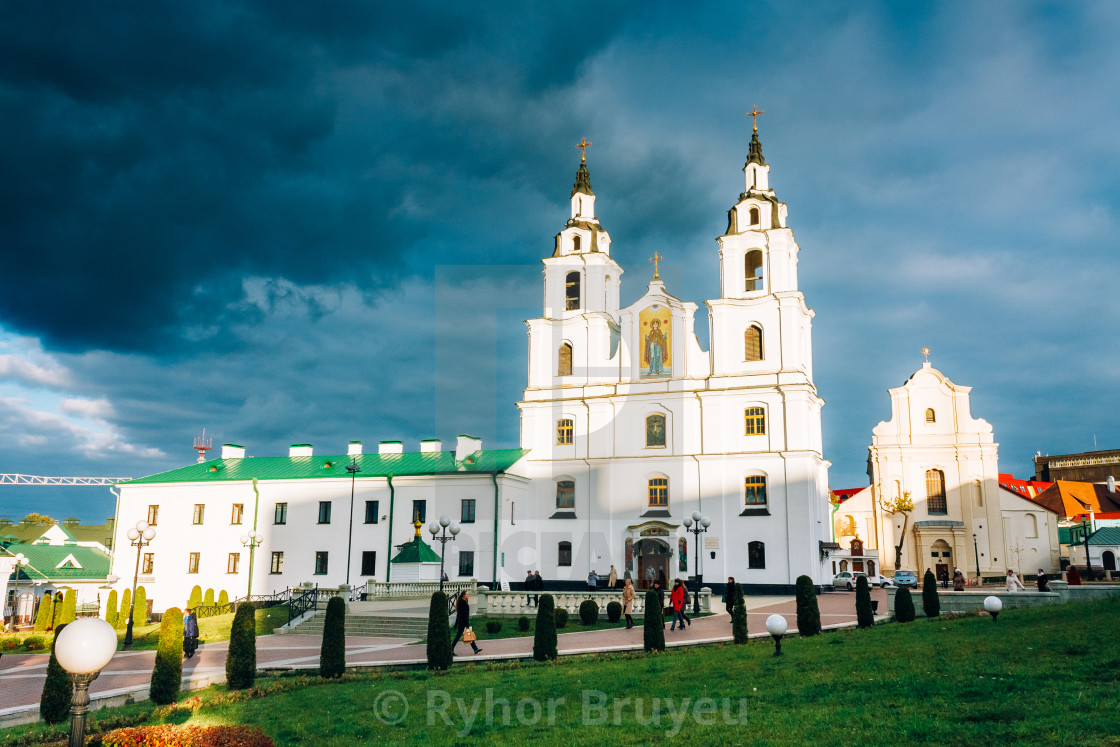 Minsk, Belarus. Cathedral of Holy Spirit in Minsk - main Orthodox Church of Belarus and symbol of old Minsk. Famous landmark